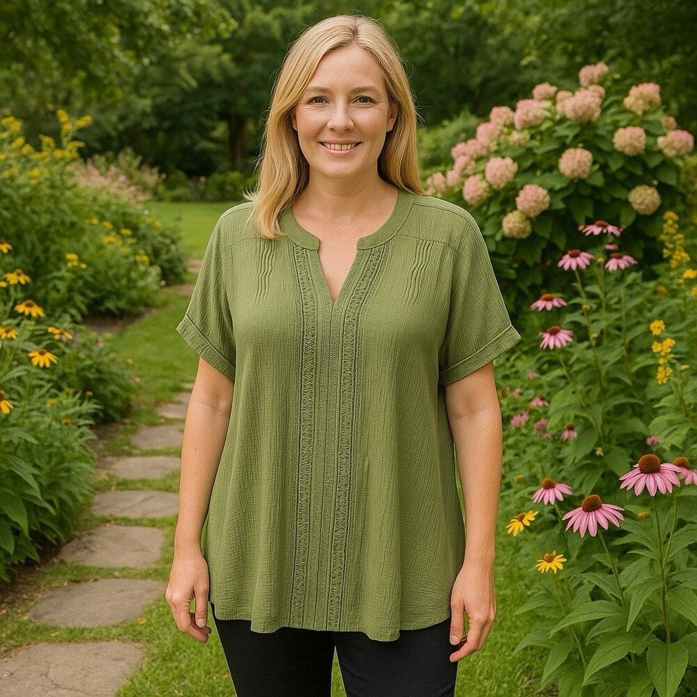 Flower & Feather Green Crepe Embroidered Blouse Peasant Boho Milk‎ Maid 2XL